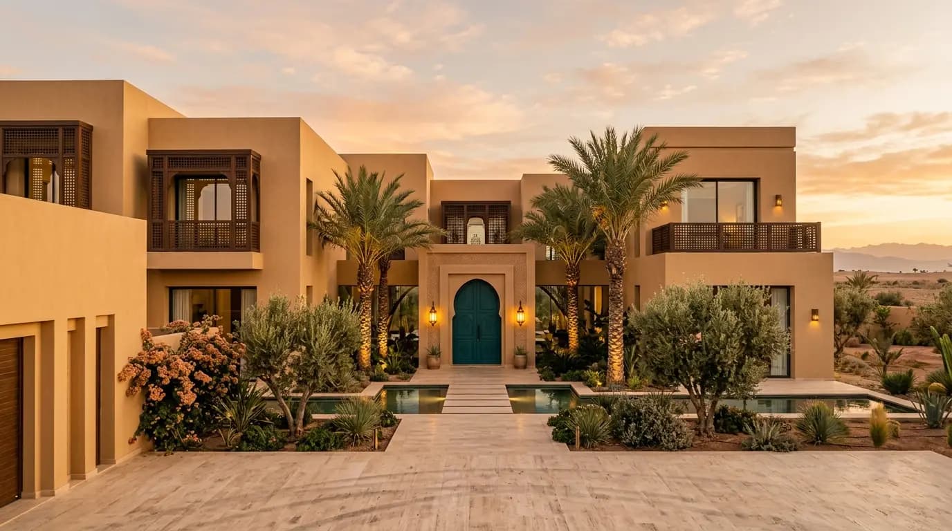 Résidence neuve marocaine au coucher du soleil